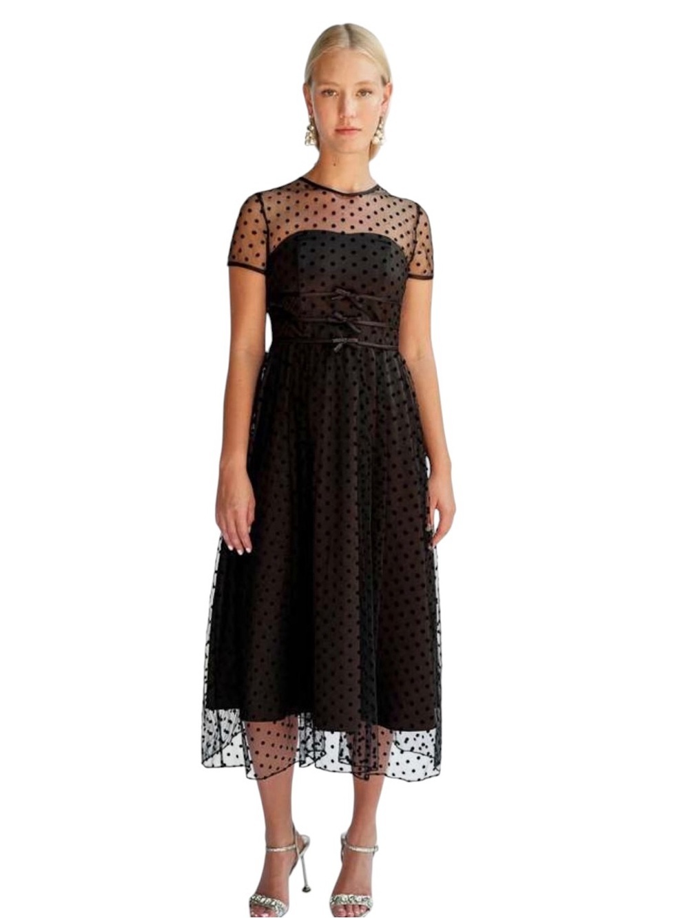 NWT HVN Scarlett tulle Sheer Polka Dot Black Midi Dress Short Sleeves Now size 8